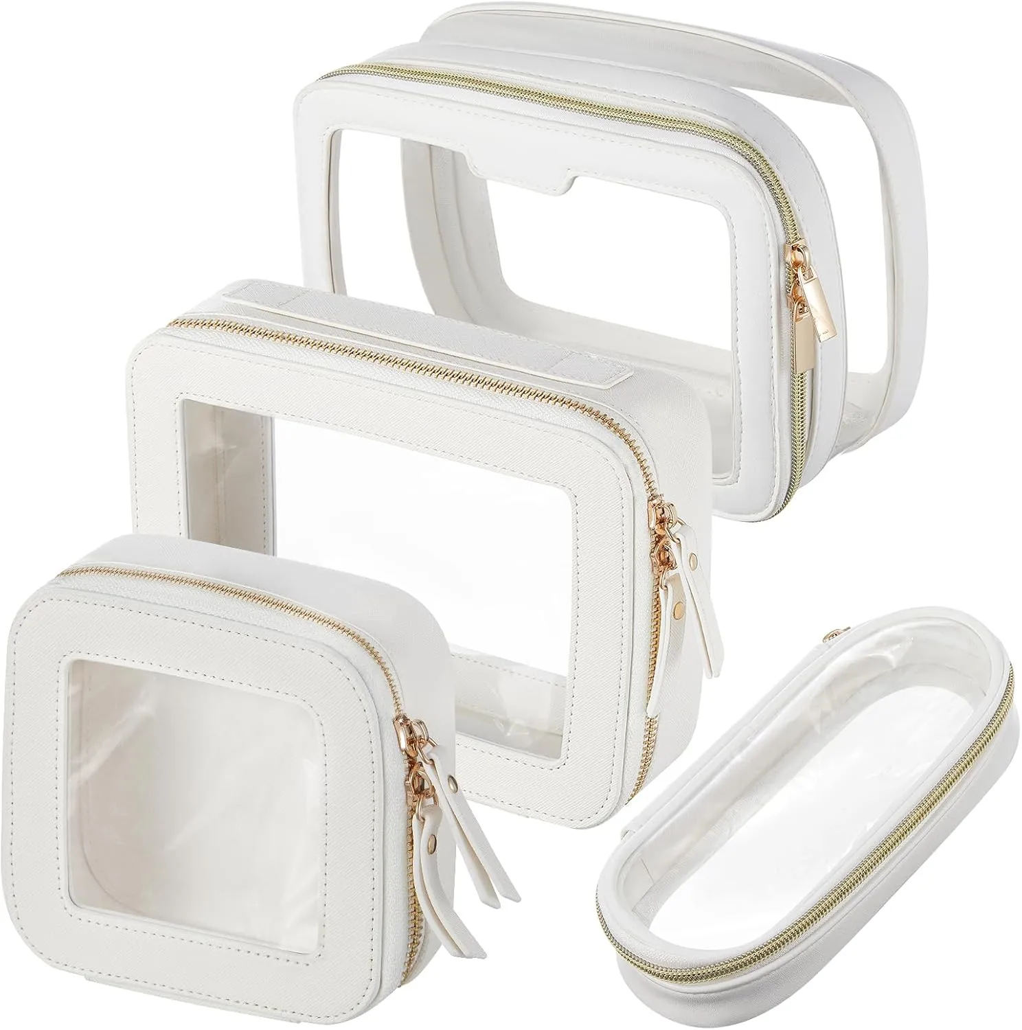 4 Pcs Leather Clear Makeup Bags Set for Women Travel Clear Cosmetic Case Toiletry Bags with Zipper Makeup Brush Case Waterproof Organizer Storage for Women Men Travel Accessories, 4 Sizes(White)