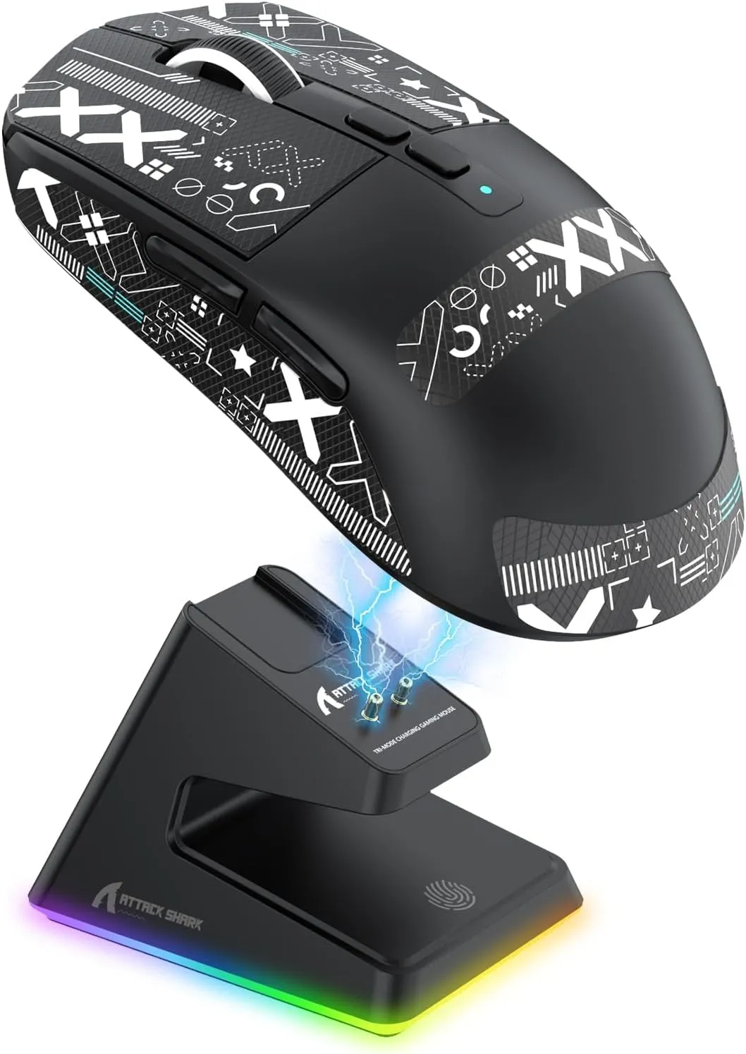 Attack Shark X6 Wireless Gaming Mouse,RGB Magnetic Charging Dock,49g Ultralight X3 Upgrade,Tri-Mode 2.4GHz/BT5.2/USB-C,PAW3395 Sensor 26KDPI,G502 Programmable Mice for Win/Mac - Black&Tape