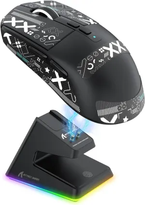 Attack Shark X6 Wireless Gaming Mouse,RGB Magnetic Charging Dock,49g Ultralight X3 Upgrade,Tri-Mode 2.4GHz/BT5.2/USB-C,PAW3395 Sensor 26KDPI,G502 Programmable Mice for Win/Mac - Black&Tape