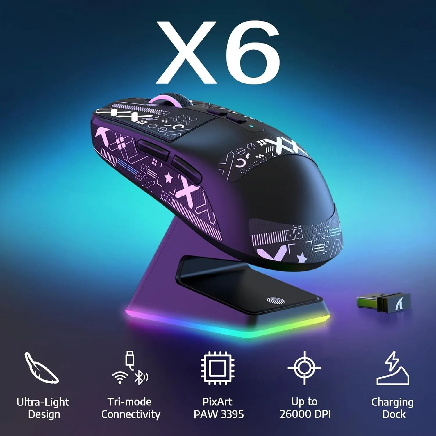 Attack Shark X6 Wireless Gaming Mouse,RGB Magnetic Charging Dock,49g Ultralight X3 Upgrade,Tri-Mode 2.4GHz/BT5.2/USB-C,PAW3395 Sensor 26KDPI,G502 Programmable Mice for Win/Mac - Black&Tape
