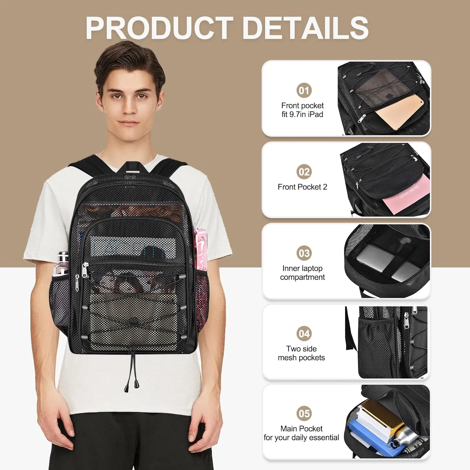 Heavy Duty Mesh Backpacks for Adults, Mesh School Bags for Boys and Girls, See Through School Bags with Adjustable Straps for Swimming, Fitness, Sports, Carry Portable Oxygen Concentrators