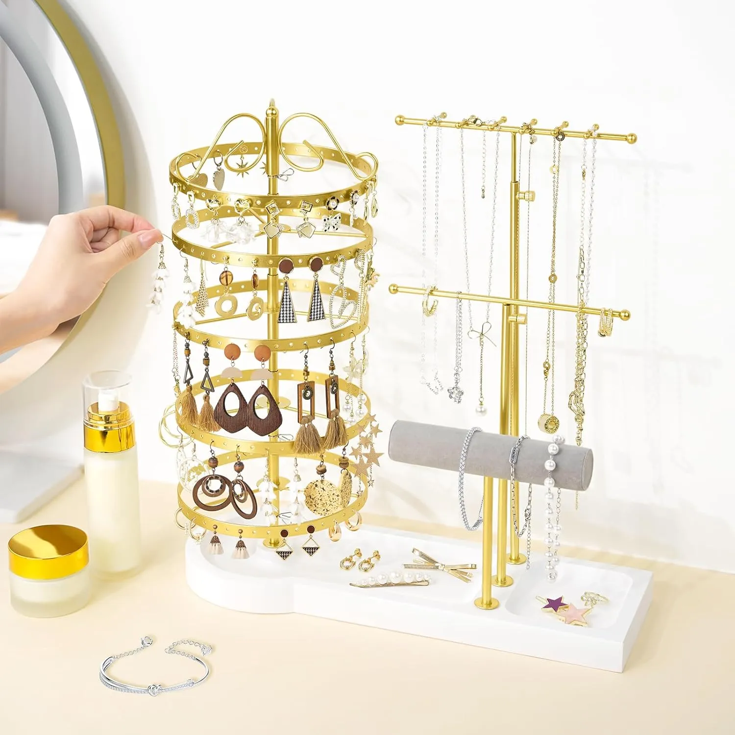 Jewelry Organizer Stand, Metal Rotating Earring Holder Organizer, Multi-Functional Adjustable Necklace Rack Holder Bracelet Watch Holder for Jewelry Earrings Ring (Gold)
