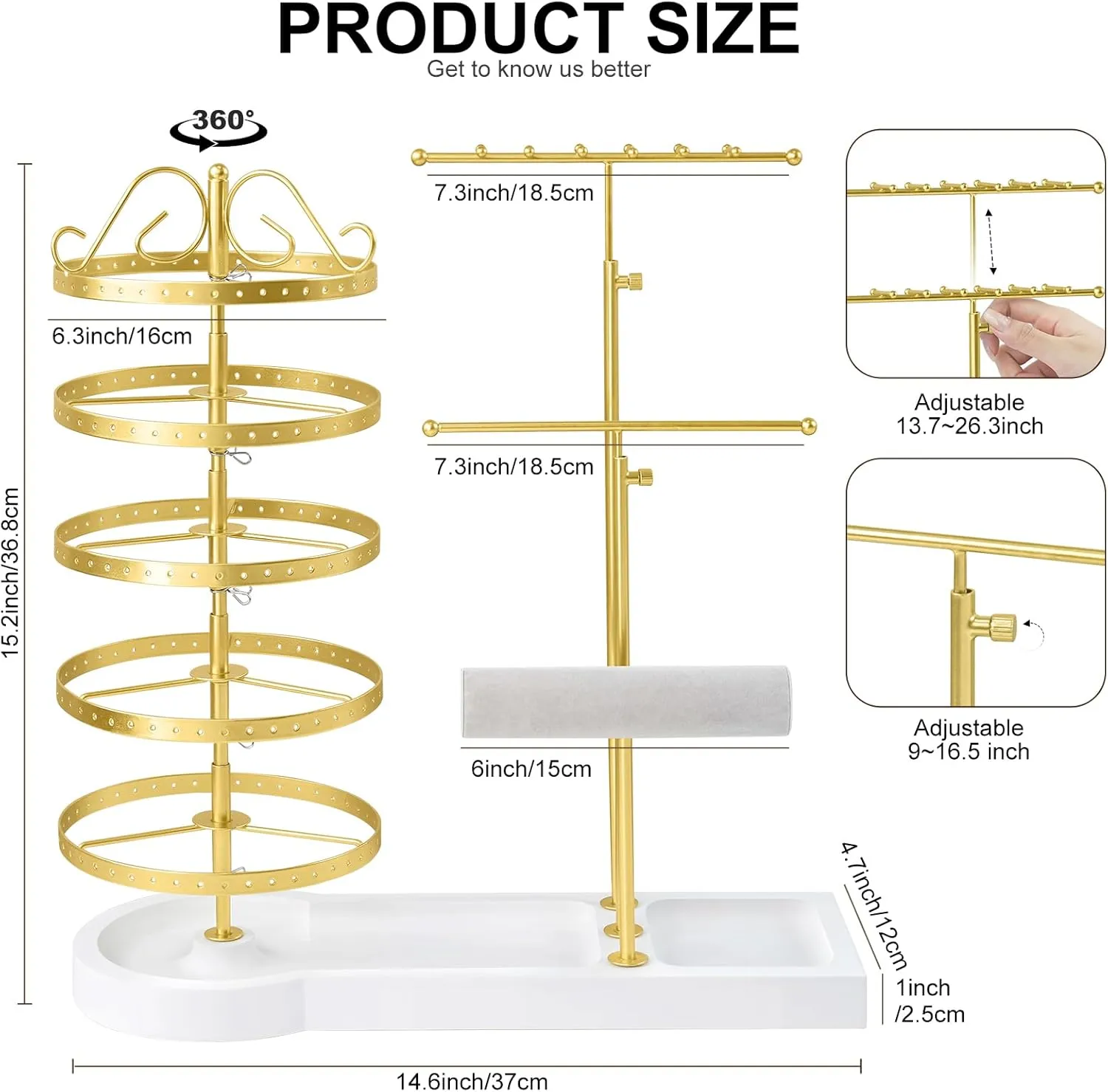 Jewelry Organizer Stand, Metal Rotating Earring Holder Organizer, Multi-Functional Adjustable Necklace Rack Holder Bracelet Watch Holder for Jewelry Earrings Ring (Gold)