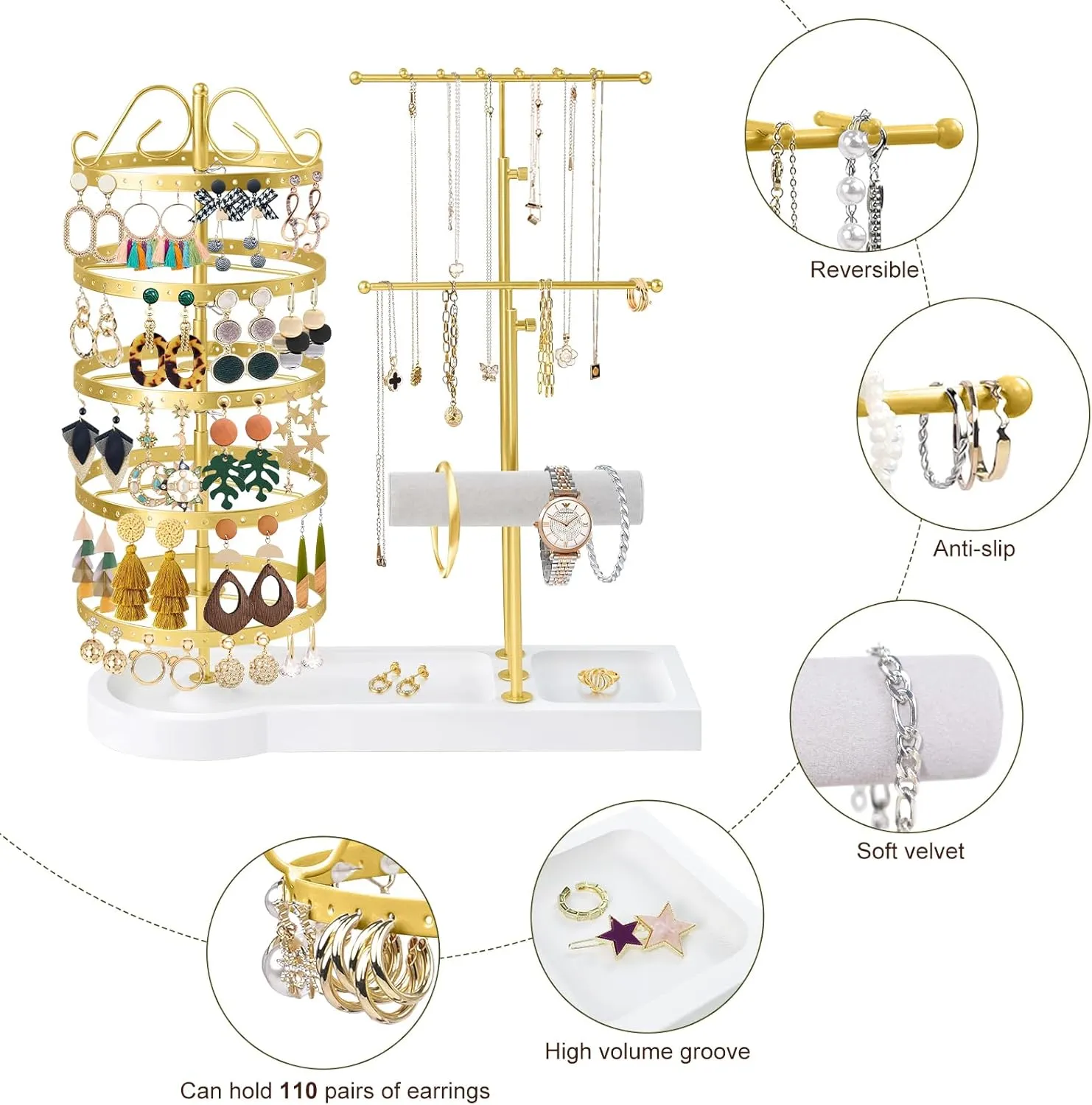 Jewelry Organizer Stand, Metal Rotating Earring Holder Organizer, Multi-Functional Adjustable Necklace Rack Holder Bracelet Watch Holder for Jewelry Earrings Ring (Gold)