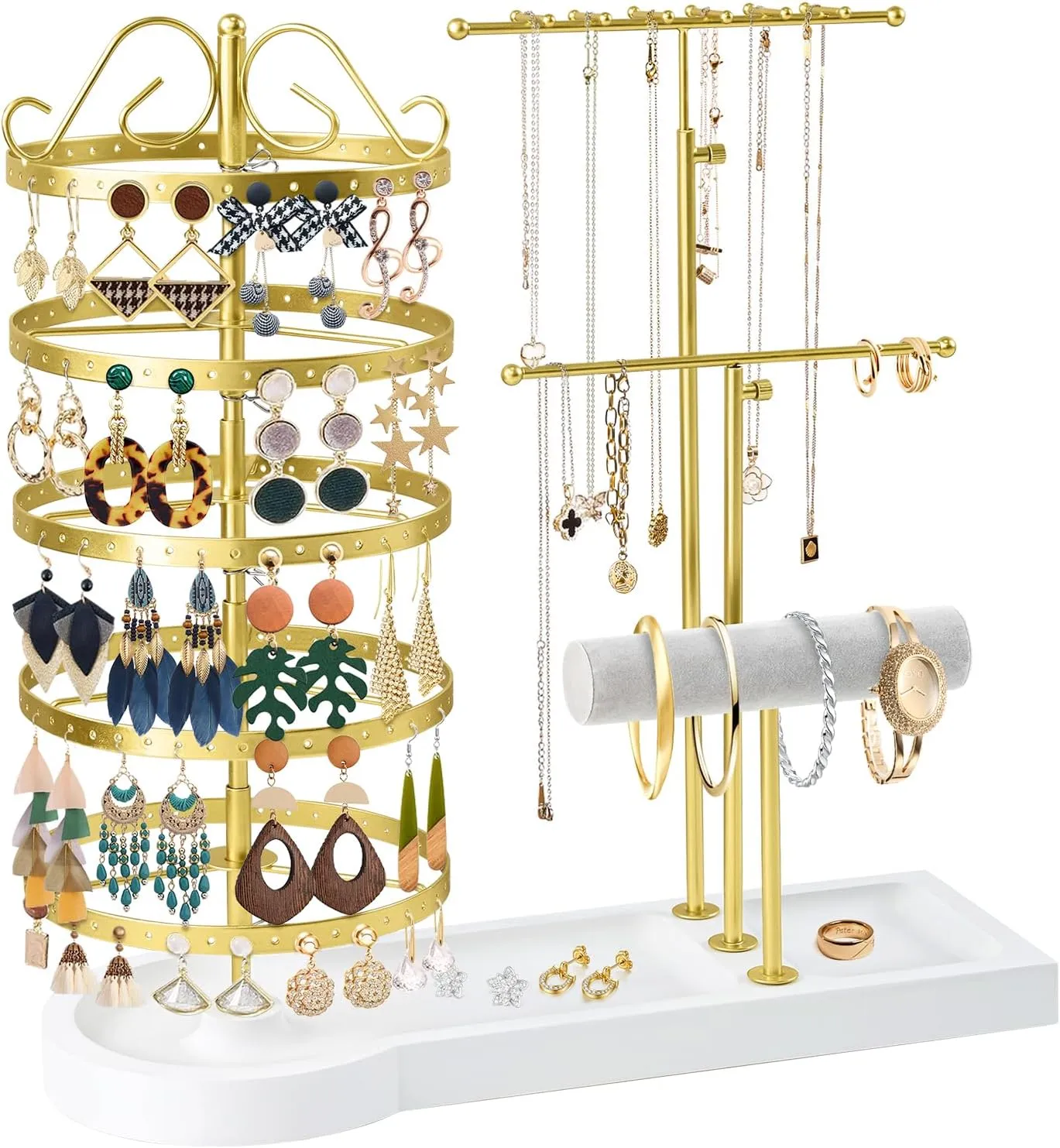 Jewelry Organizer Stand, Metal Rotating Earring Holder Organizer, Multi-Functional Adjustable Necklace Rack Holder Bracelet Watch Holder for Jewelry Earrings Ring (Gold)