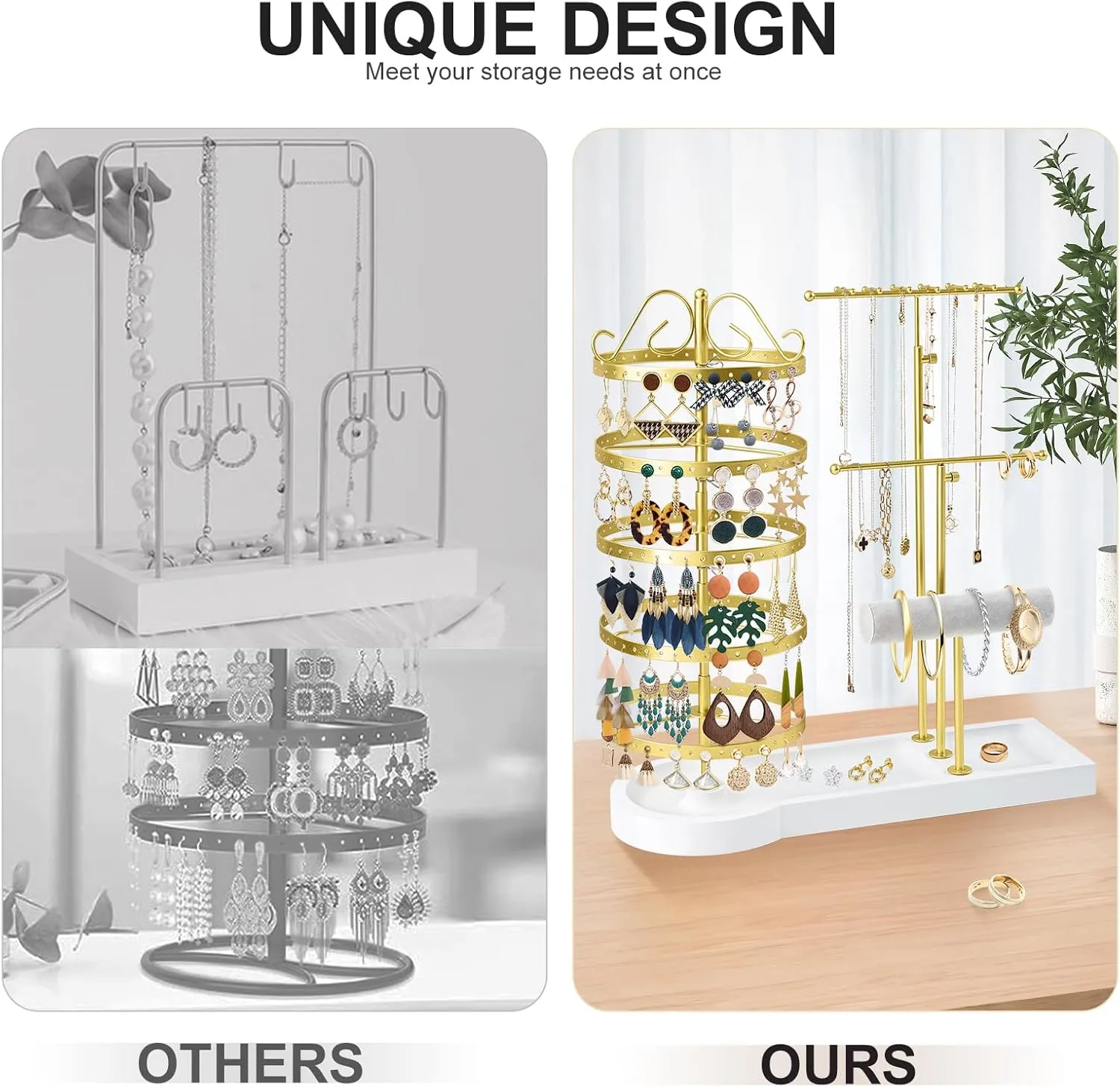 Jewelry Organizer Stand, Metal Rotating Earring Holder Organizer, Multi-Functional Adjustable Necklace Rack Holder Bracelet Watch Holder for Jewelry Earrings Ring (Gold)
