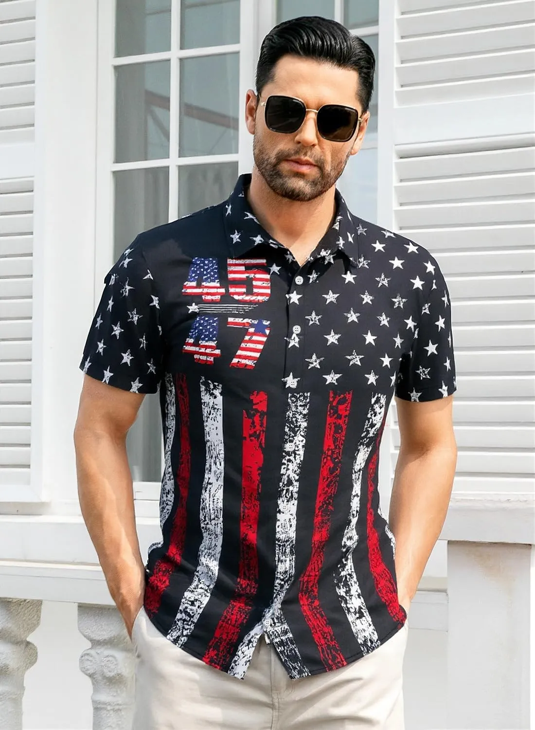 uideazone Mens 4th of July American Flag Patriotic Shirt USA Short Sleeve Button Up Independence Day Shirt M-XXL