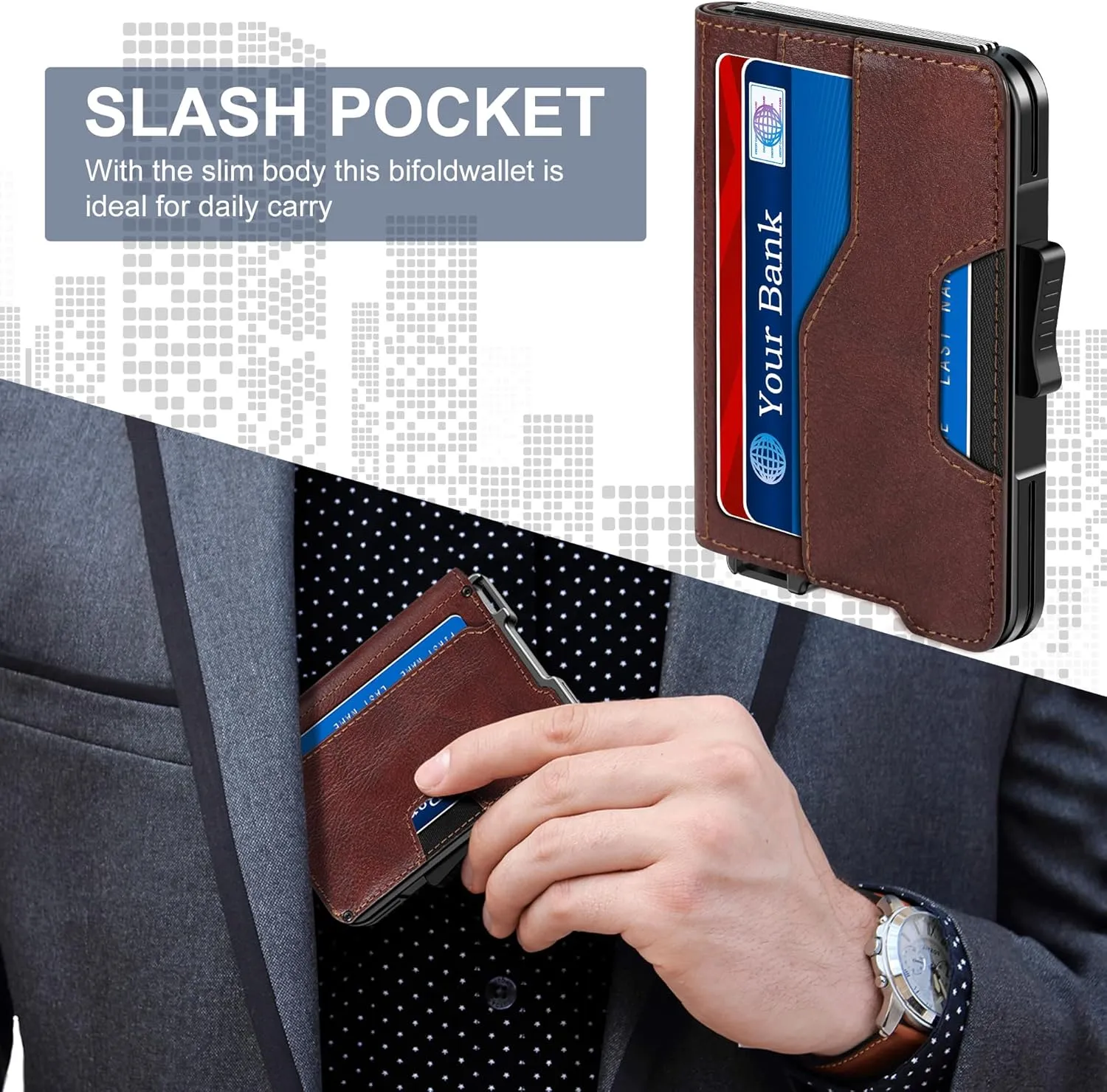 Wallet for Men - Pop Up Case, Cash Slot, and Credit Card Wallet - Slim Minimalist Aluminum Front Pocket Wallet with RFID Blocking/ID Window (Genuine Leather Dark Brown)