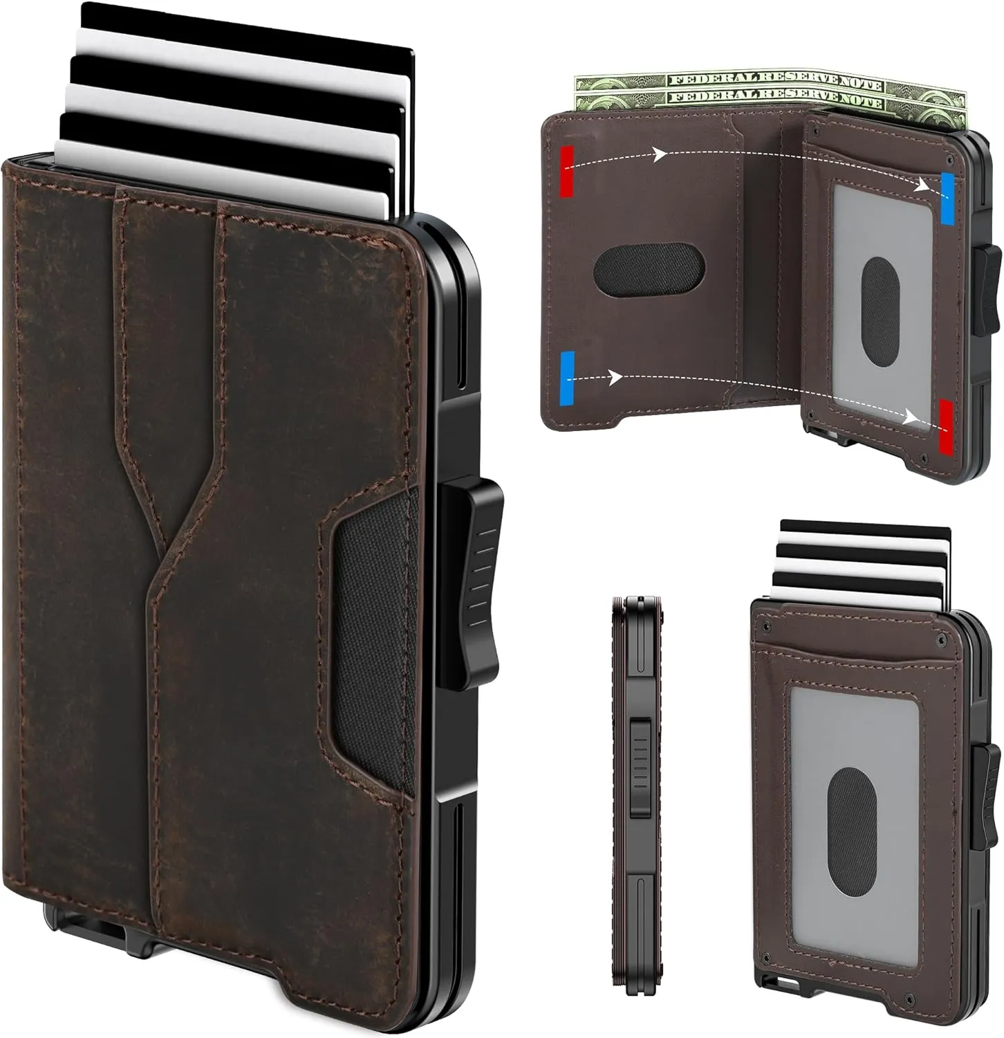 Wallet for Men - Pop Up Case, Cash Slot, and Credit Card Wallet - Slim Minimalist Aluminum Front Pocket Wallet with RFID Blocking/ID Window (Genuine Leather Dark Coffee)